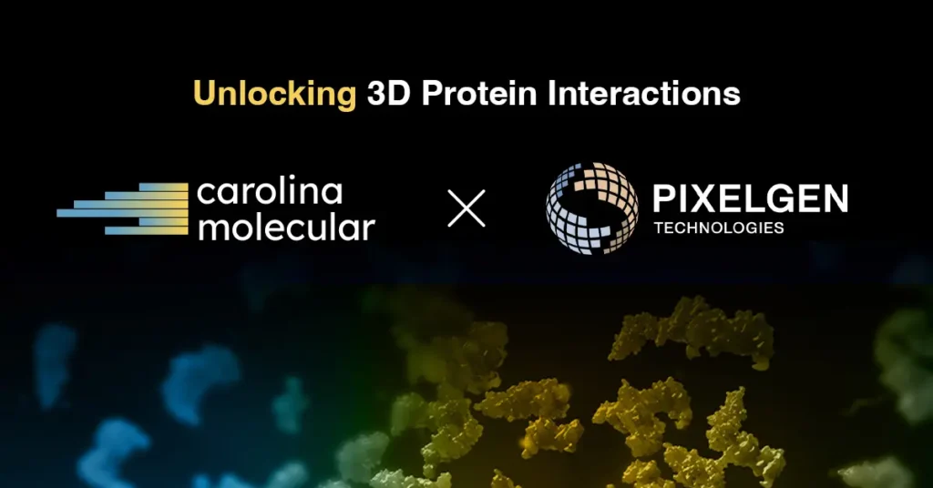 Logos of Carolina Molecular and Pixelgen Technologies side by side with the text "Unlocking 3D Protein Interactions" above 3D protein structure graphics.